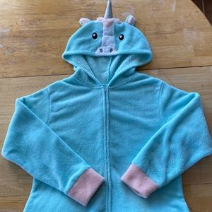 PJ COUTURE. XL Unicorn Onesie Pajamas. Front zipper. Teal/pink/white with hood.